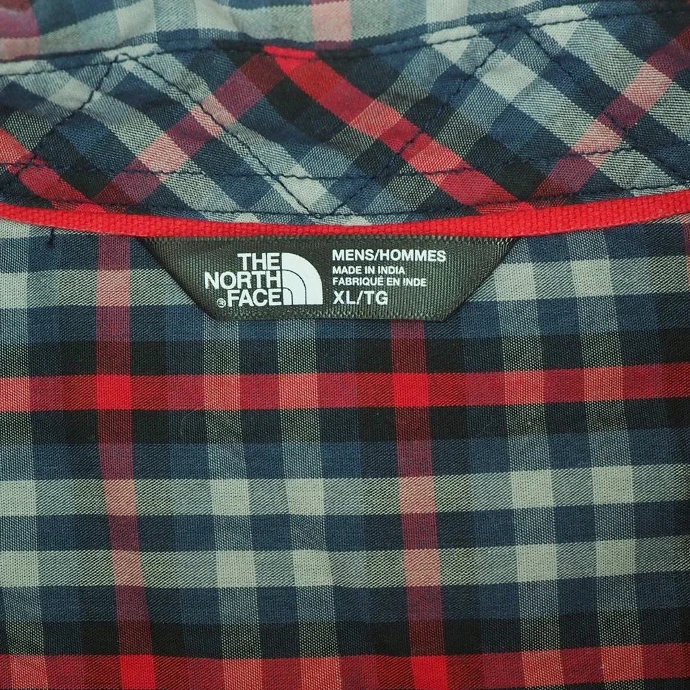 The North Face Pearl Snap Shirt Mens Sz XL Navy Blue Plaid Cotton Blend Outdoor